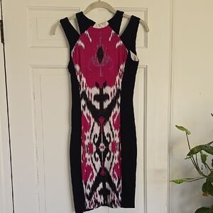 Cache Sleeveless Magenta and Black Ikat Midi Dress